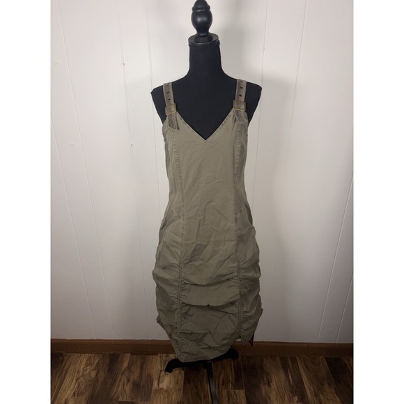 Wearables olive green ruched overall dress pockets utility chic Bubble boho S - Picture 2 of 16